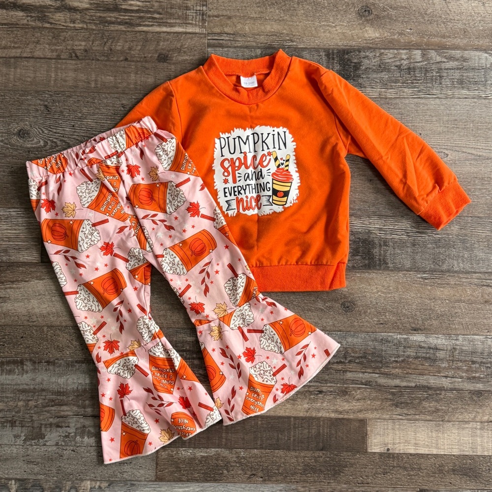 Pumpkin Spice Orange Sweatshirt & Fall Print Flare Pants Set Size 24 Months